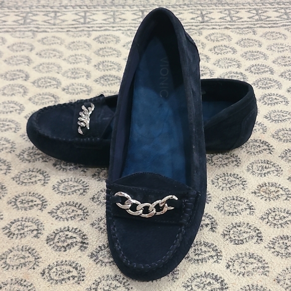 Vionic Shoes - Vionic Navy Loafers with Silver Chain Accent